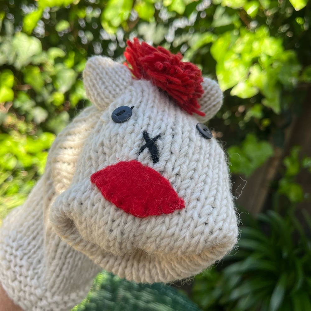 Silly Yeti hand knit Lamb chop puppet sox's. Made in Nepal Tibet.